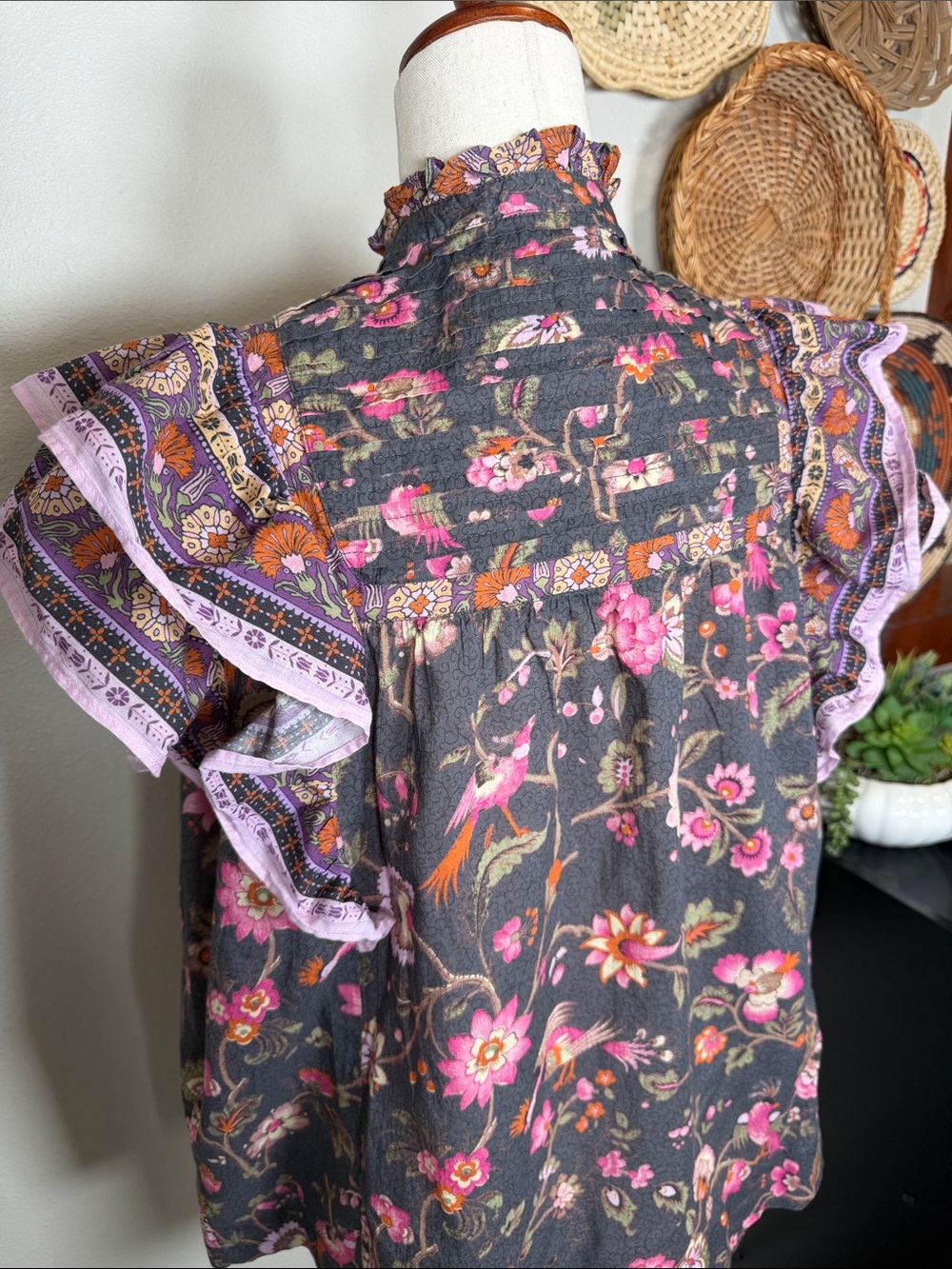 Sundance Marcleine Floral Top Coquette Ruffle Pintuck Boho Cottagecore Large - Picture 7 of 14